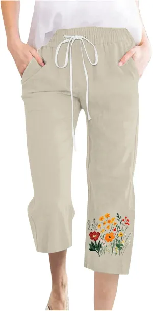 Summer Floral Print Cotton Linen Capri Pants for Women, Drawstring Tie Loose Sweatpants Comfy Casual Pockets Trousers