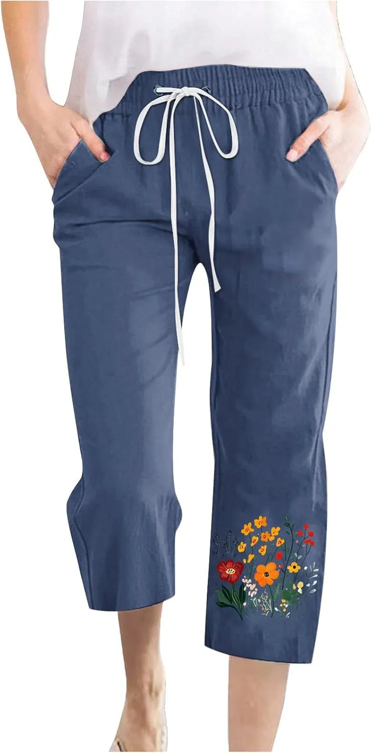 Summer Floral Print Cotton Linen Capri Pants for Women, Drawstring Tie Loose Sweatpants Comfy Casual Pockets Trousers