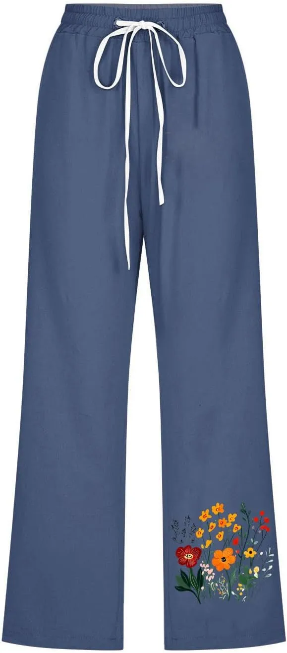 Summer Floral Print Cotton Linen Capri Pants for Women, Drawstring Tie Loose Sweatpants Comfy Casual Pockets Trousers