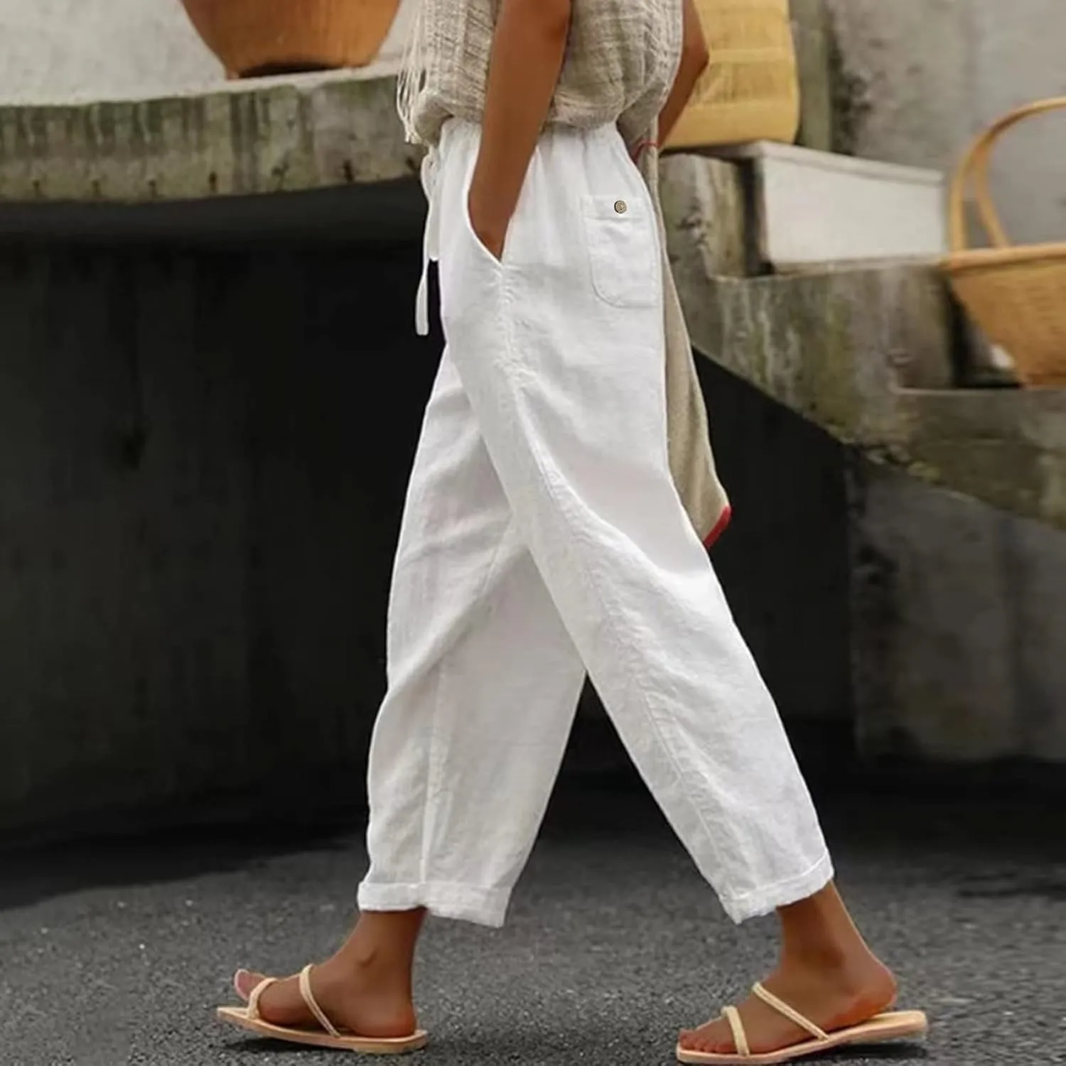 Summer Pants for Women Striped Side Button Pants Baggy Elastic Waist Straight Leg Trousers with Pockets