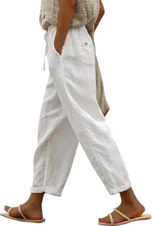 Summer Pants for Women Striped Side Button Pants Baggy Elastic Waist Straight Leg Trousers with Pockets