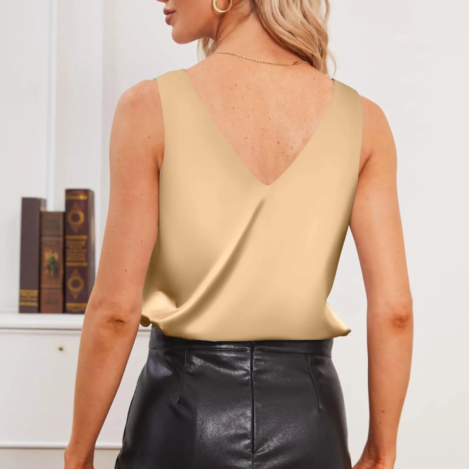 Summer Satin Tank Tops for Women Business Cami Camisole Blouse Shirt Solid Color Loose Fit Sleeveless V Neck Tank Shirt