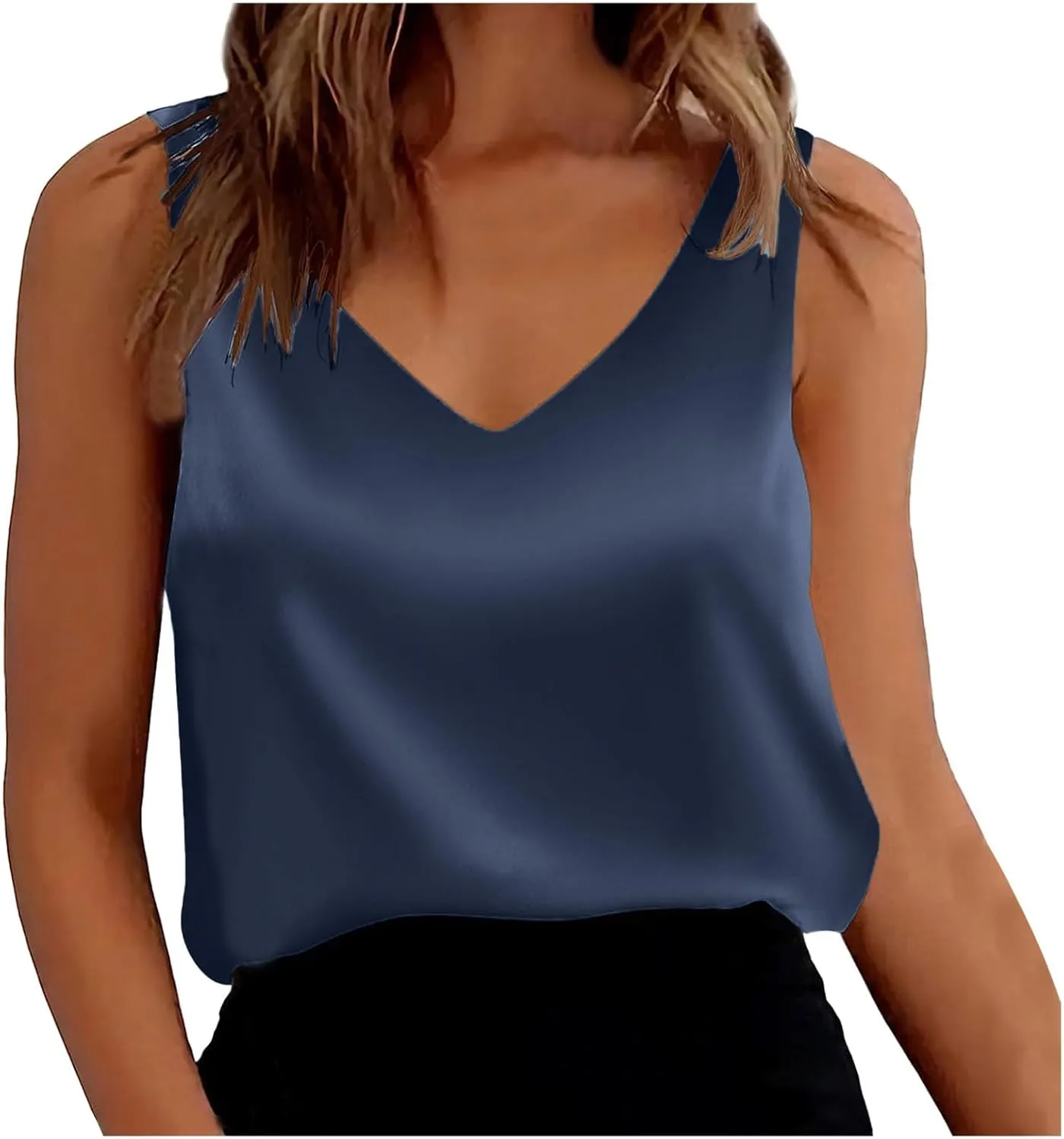 Summer Satin Tank Tops for Women Business Cami Camisole Blouse Shirt Solid Color Loose Fit Sleeveless V Neck Tank Shirt