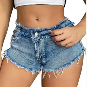 Summer Women's Sexy Ripped Cut Off Hole Slim Low Rise Hot Pants Denim Short Jean Casual Lace Up Frayed Cheeky Short