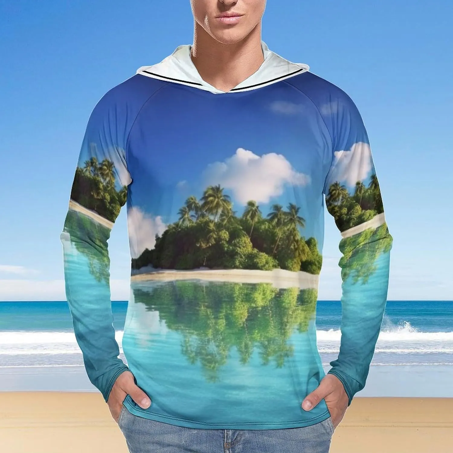 Sun Protection Shirt Long Sleeve Hoodie Beautiful Island in The Sea Lightweight Rash Guard Quick Dry Sun Shirt for Outdoor