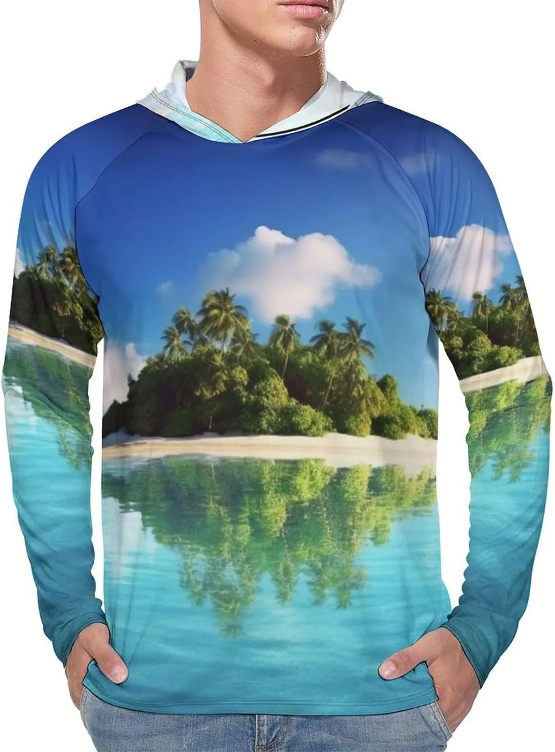 Sun Protection Shirt Long Sleeve Hoodie Beautiful Island in The Sea Lightweight Rash Guard Quick Dry Sun Shirt for Outdoor