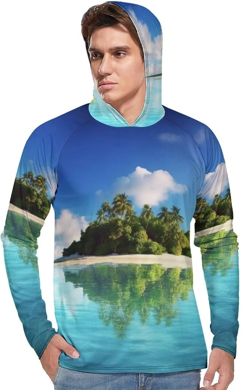 Sun Protection Shirt Long Sleeve Hoodie Beautiful Island in The Sea Lightweight Rash Guard Quick Dry Sun Shirt for Outdoor