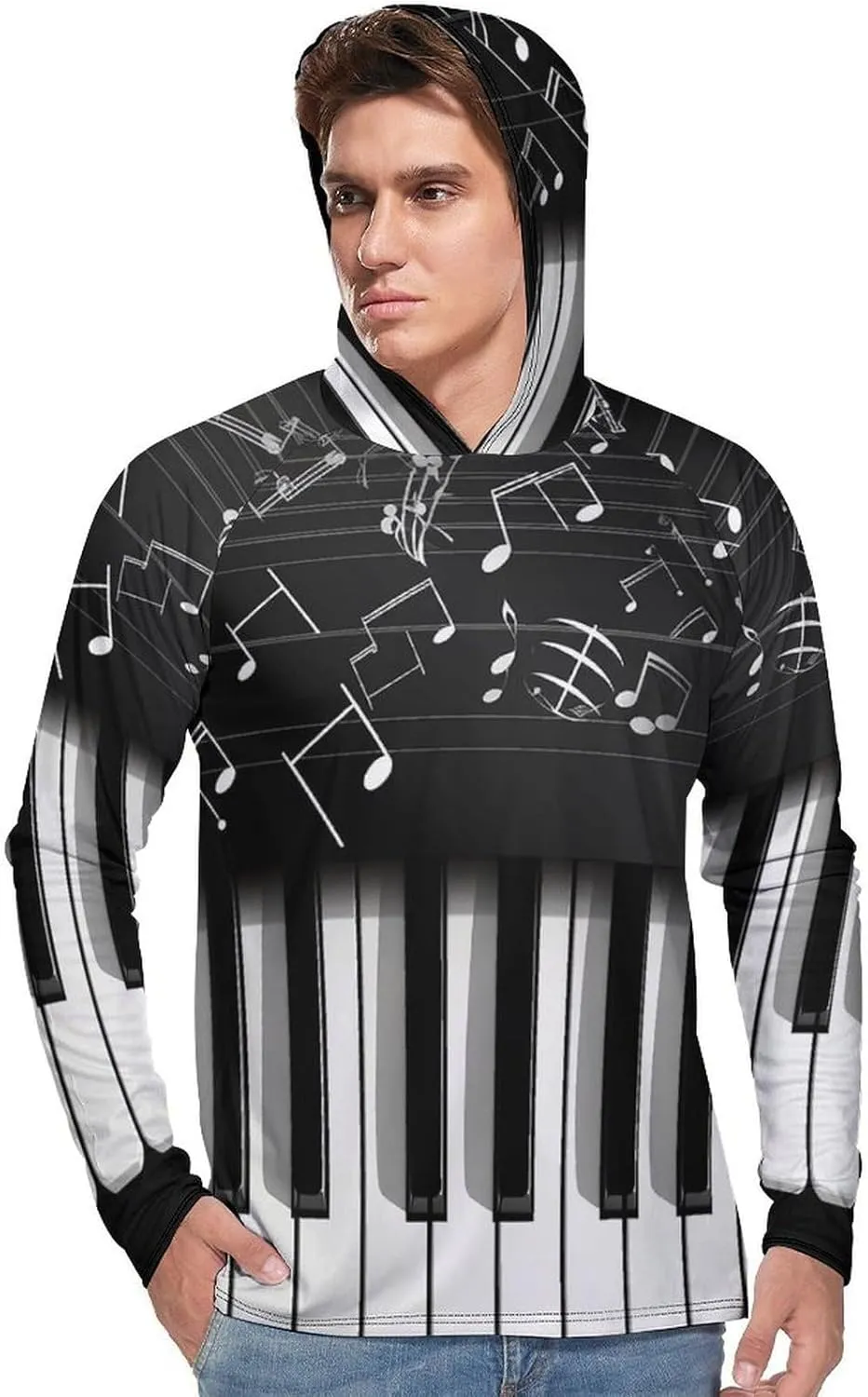 Sun Protection Shirt Long Sleeve Hoodie Piano Keys with Musical Notes Lightweight Rash Guard Quick Dry Sun Shirt for Outdoor