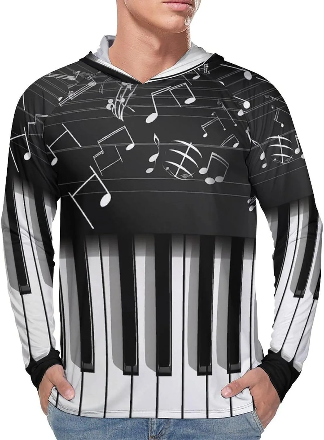 Sun Protection Shirt Long Sleeve Hoodie Piano Keys with Musical Notes Lightweight Rash Guard Quick Dry Sun Shirt for Outdoor