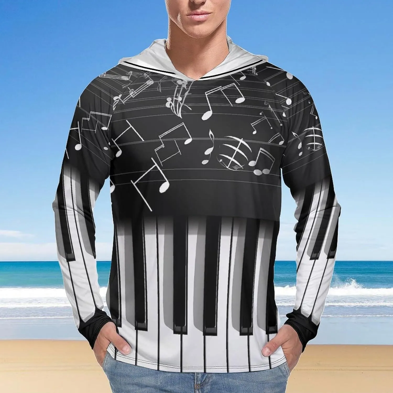 Sun Protection Shirt Long Sleeve Hoodie Piano Keys with Musical Notes Lightweight Rash Guard Quick Dry Sun Shirt for Outdoor