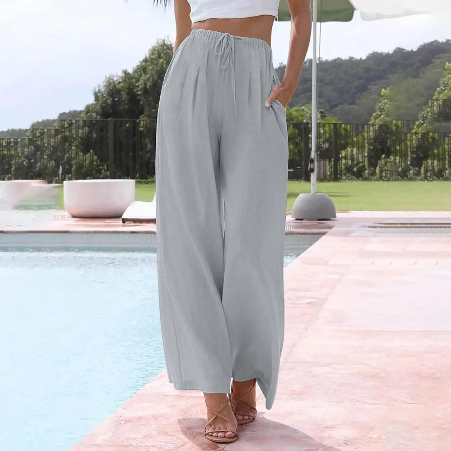 Sweatpants Women Trousers with Pockets Cotton Linen High Waisted Cargo, Travel Pants Wide Leg Summer Petite