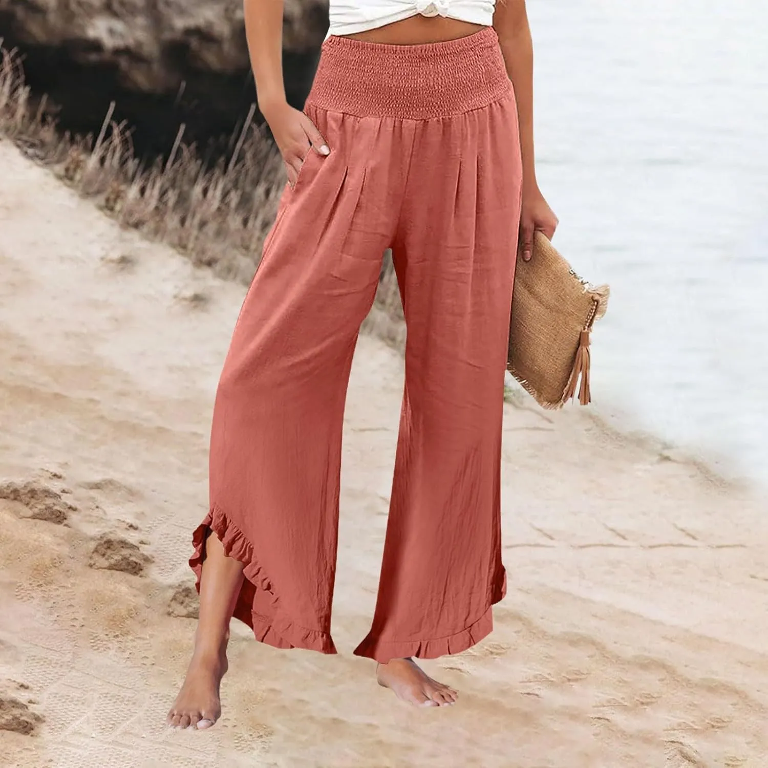 Sweatpants Women,Linen Summer Pants for Women Trendy 2025 Elastic High Waisted Wide Leg Womens Capris with Pockets