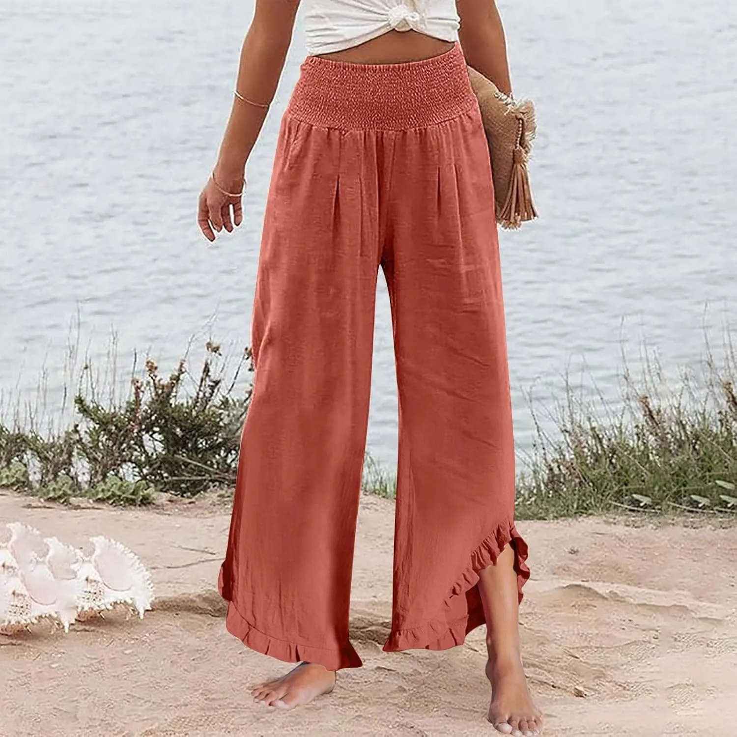 Sweatpants Women,Linen Summer Pants for Women Trendy 2025 Elastic High Waisted Wide Leg Womens Capris with Pockets