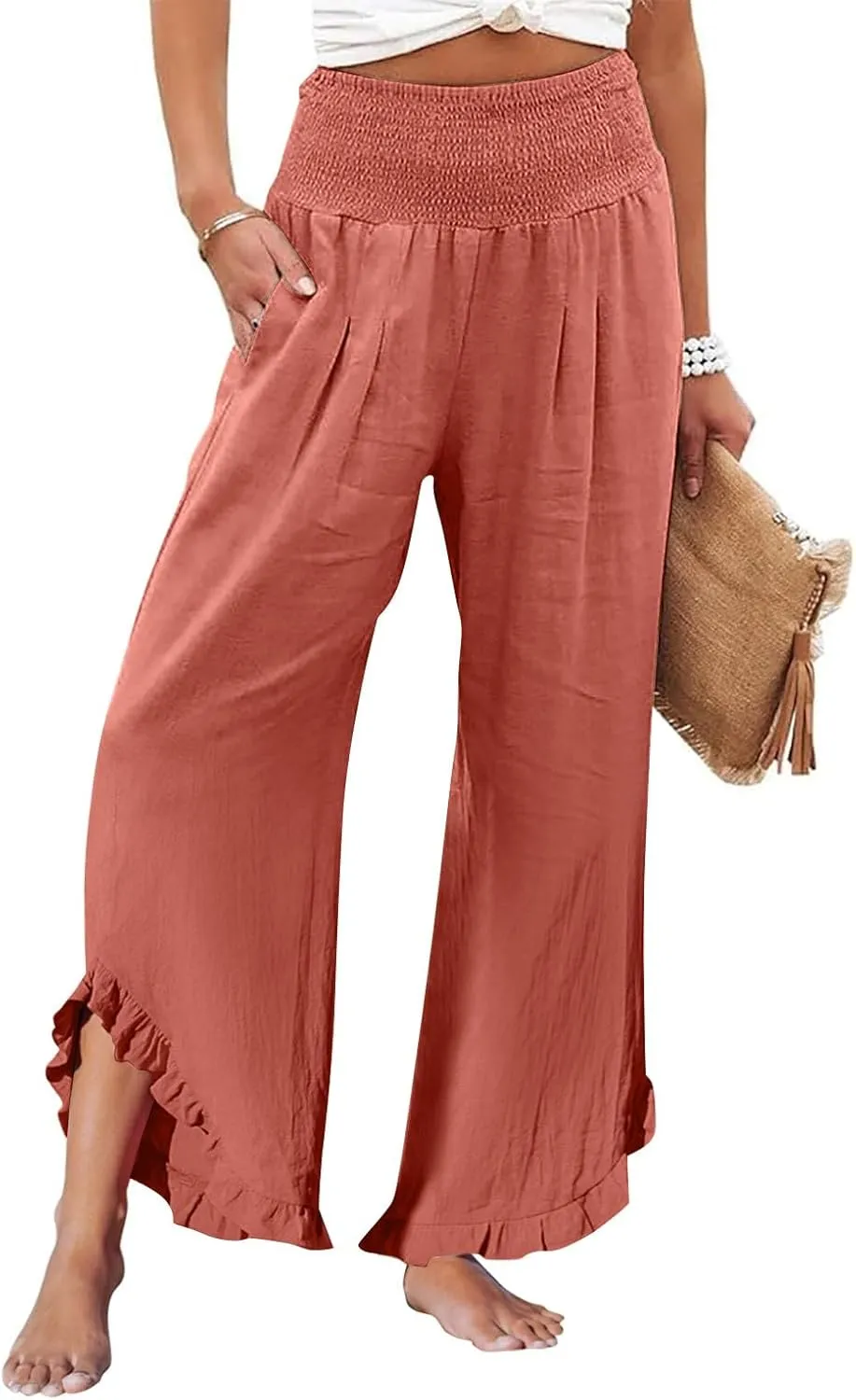 Sweatpants Women,Linen Summer Pants for Women Trendy 2025 Elastic High Waisted Wide Leg Womens Capris with Pockets