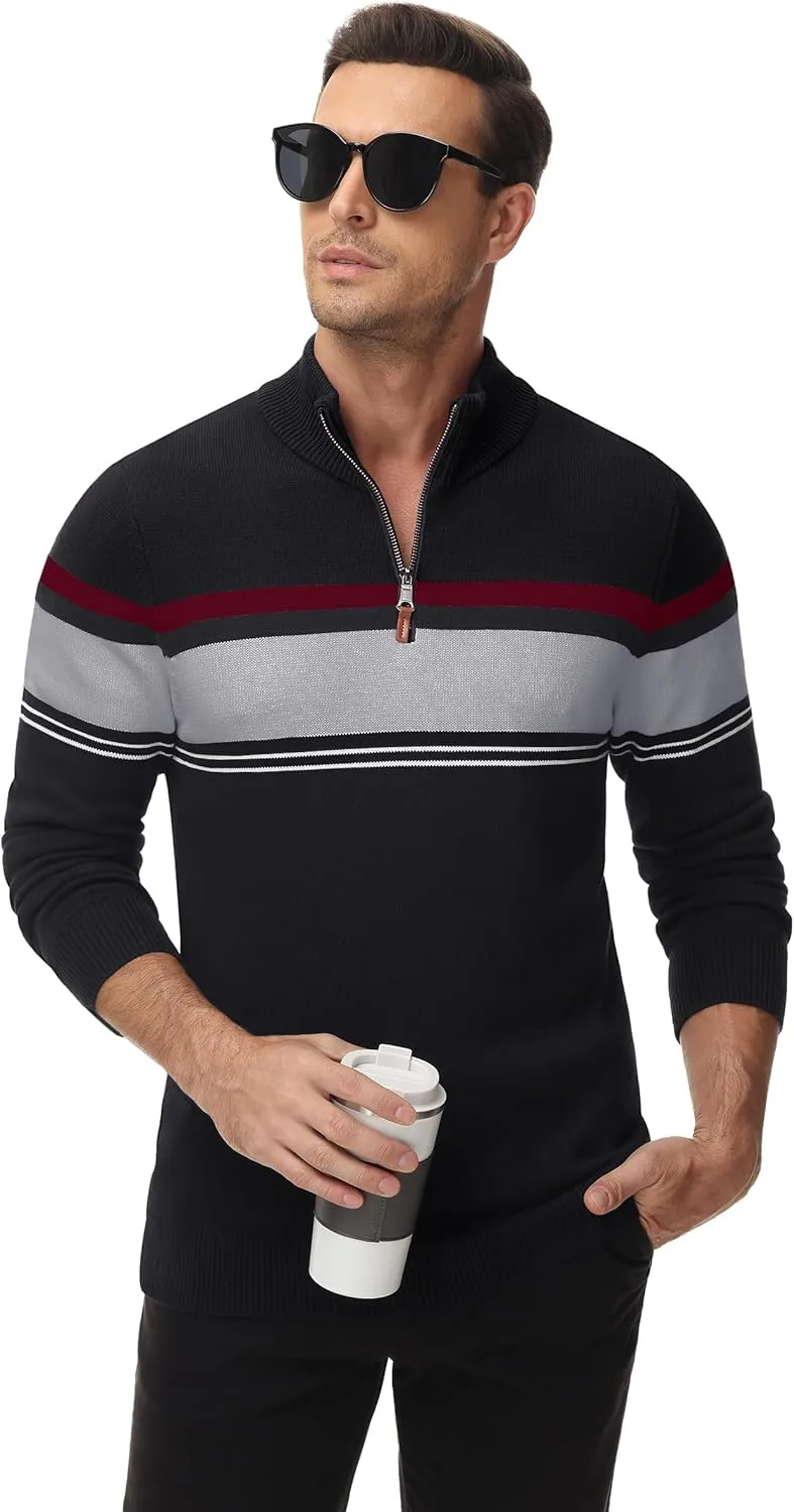 TACVASEN Mens Sweater Quarter Zip Pullover Cotton Long Sleeve Sweaters Striped Causal Pullovers Fall Winter Sweatshirt