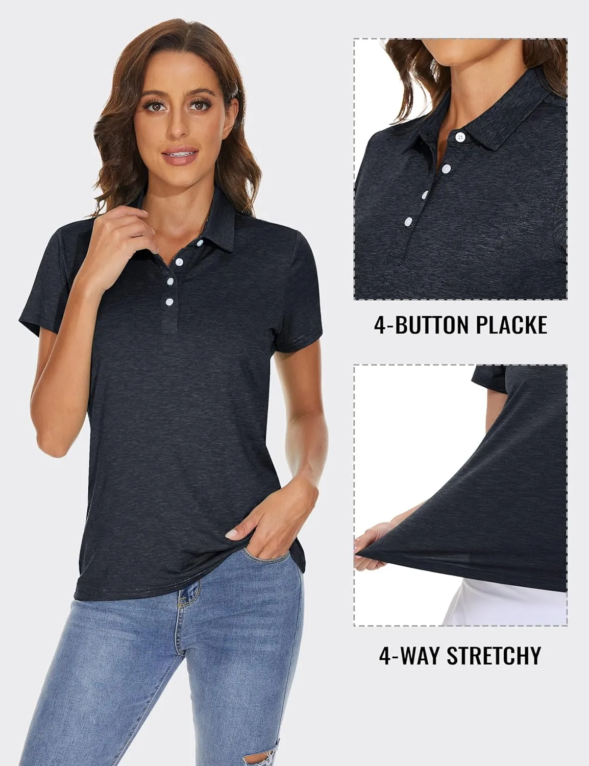 TACVASEN Polo Shirts for Women Short Sleeve Golf Shirts 4-Button Quick Dry Workout Tops Collared for Work Running Tennis