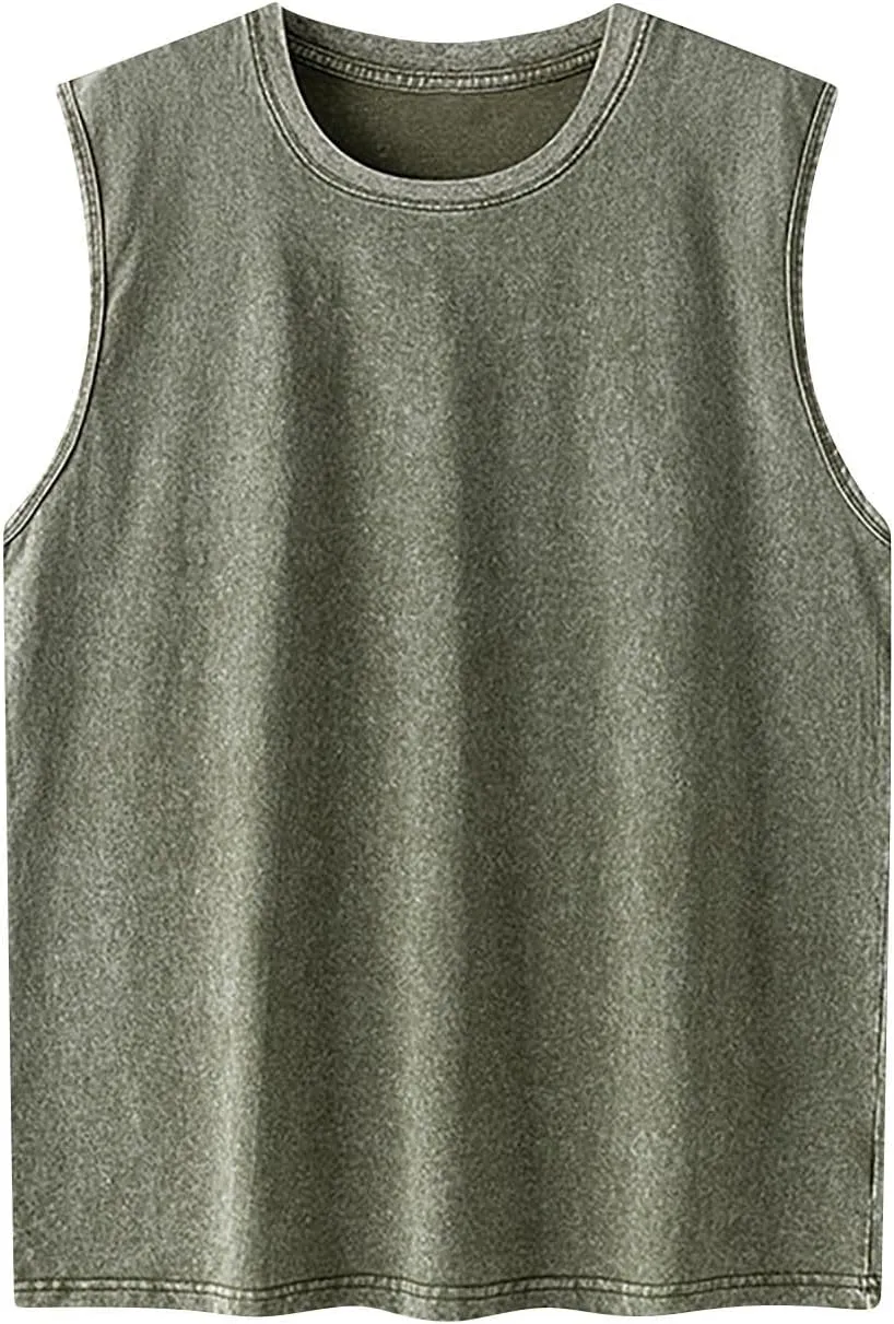Tank Tops Men Cotton Vintage Workout Gym Sleeveless Cut Off Muscle Shirt Wash T-Shirt Running Beach Loose Fit Tees