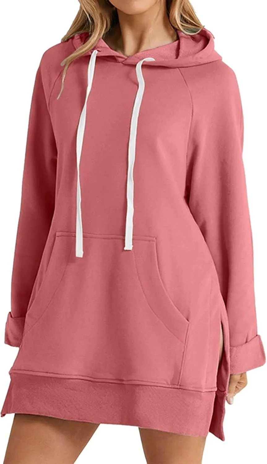 The Warmy Oversized Hoodie Dress Women, Women's Casual Sweatshirt Long Sleeve Split Hem Hoodies Dress with Kangaroo Pocket