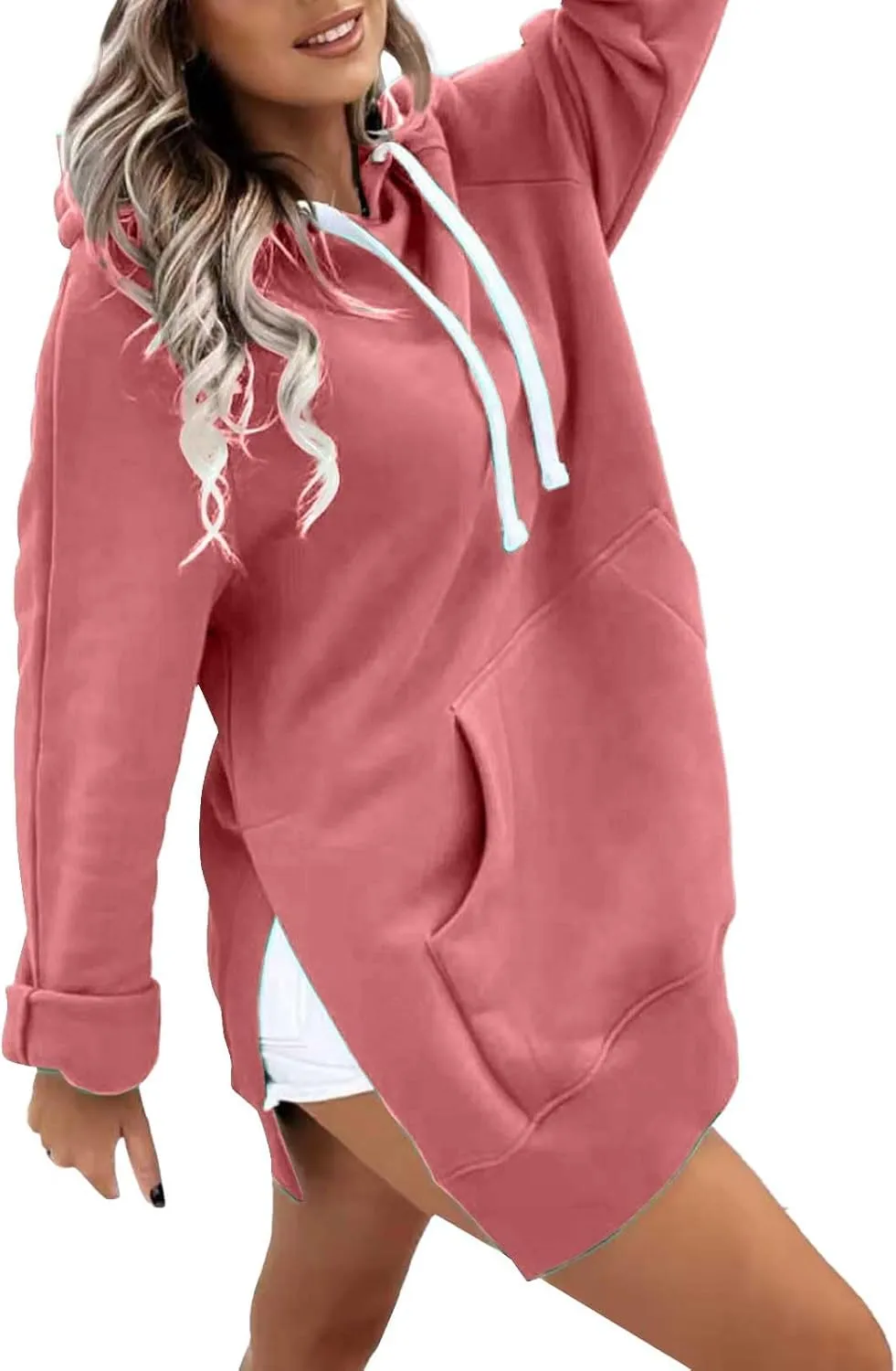 The Warmy Oversized Hoodie Dress Women, Women's Casual Sweatshirt Long Sleeve Split Hem Hoodies Dress with Kangaroo Pocket