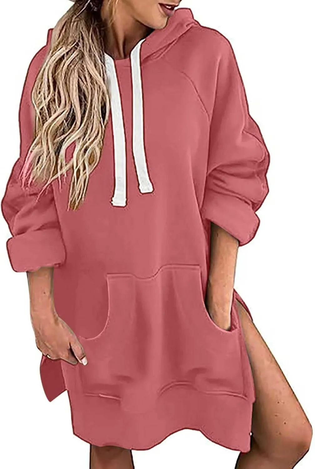 The Warmy Oversized Hoodie Dress Women, Women's Casual Sweatshirt Long Sleeve Split Hem Hoodies Dress with Kangaroo Pocket