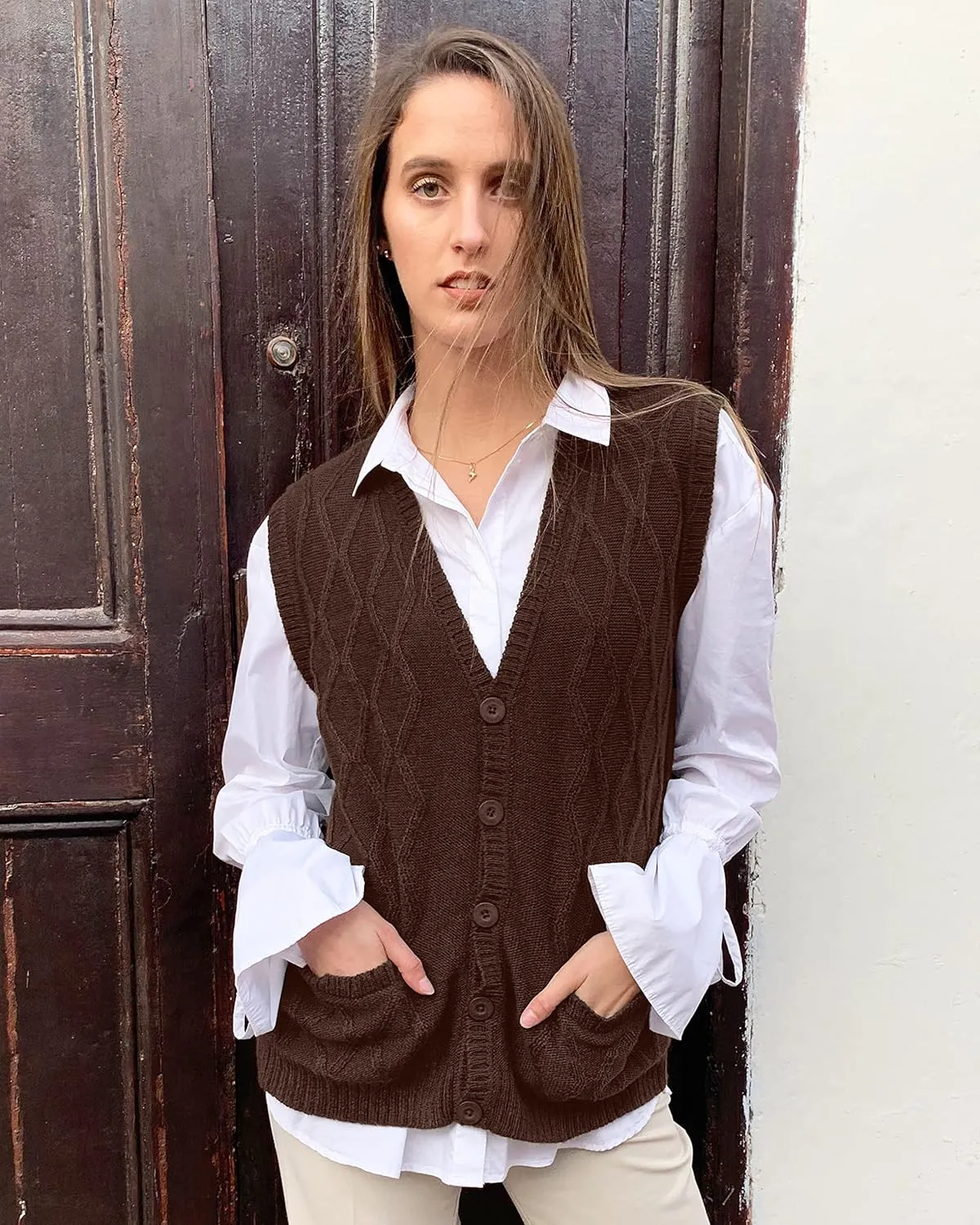 TINKUY Peru Womens Alpaca Wool V Neck Argyle Cardigan Vest S-4XL