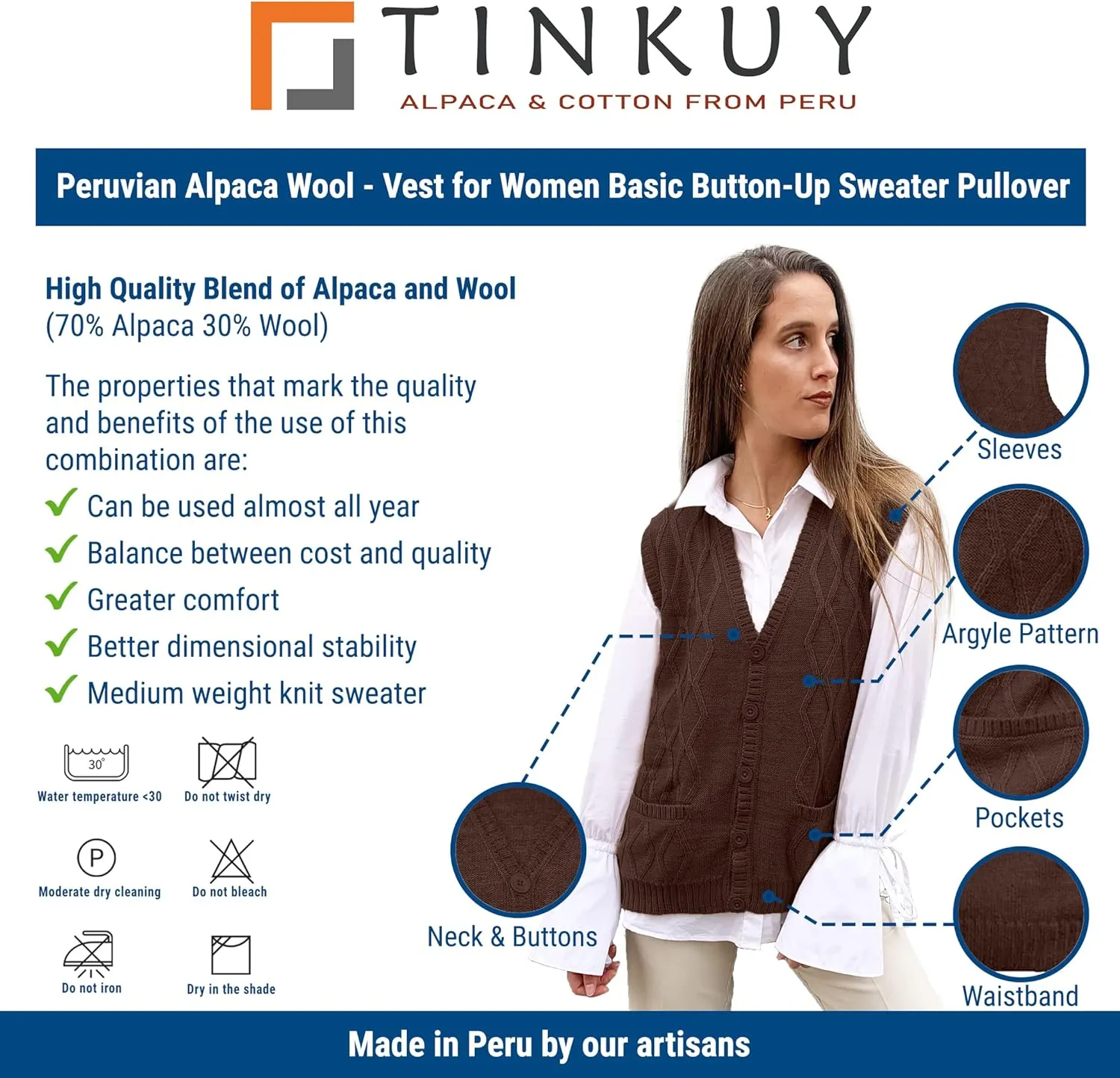 TINKUY Peru Womens Alpaca Wool V Neck Argyle Cardigan Vest S-4XL