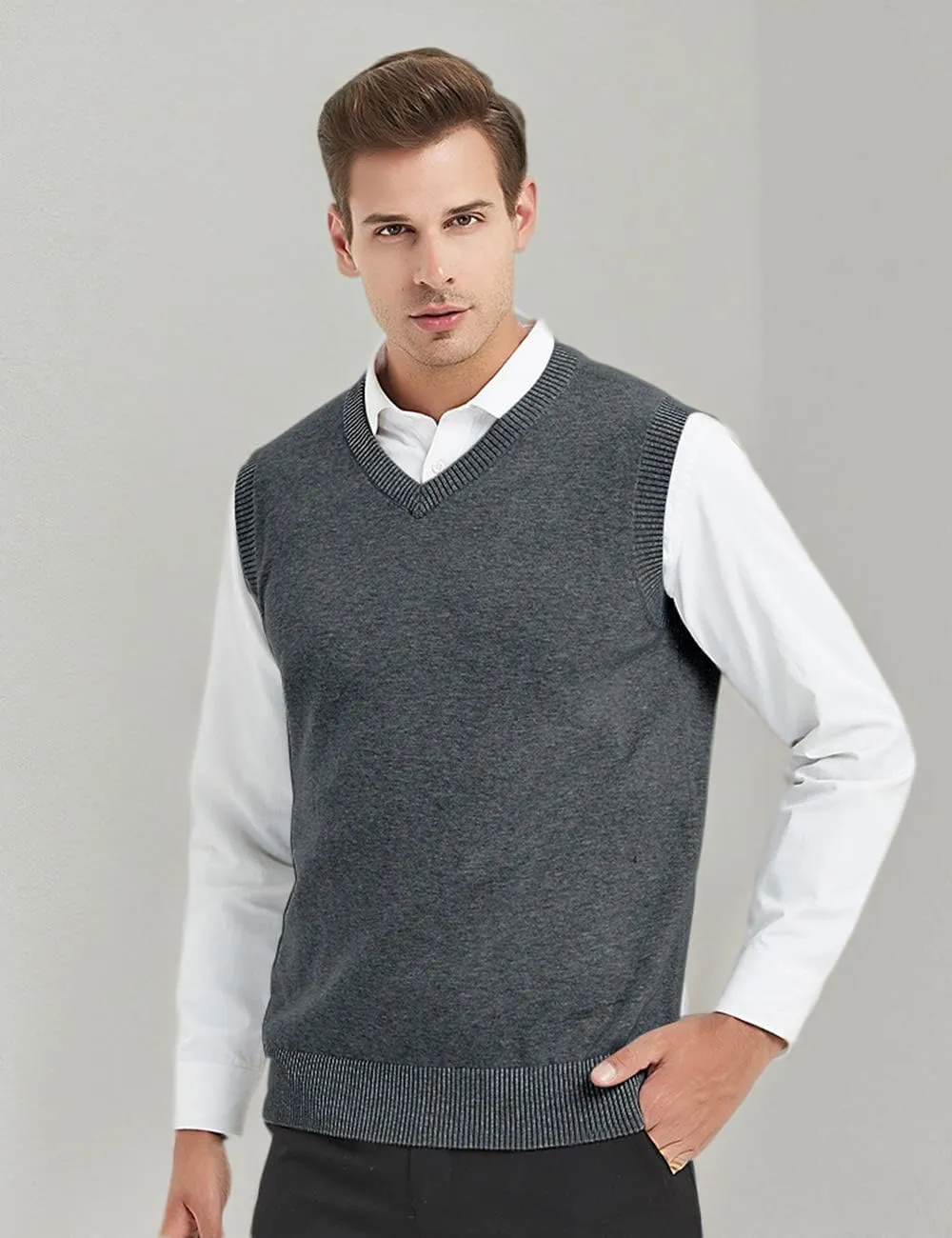 TopTie Men Business Solid Color Plain Sweater Vest, Cotton Fit Casual Pullover