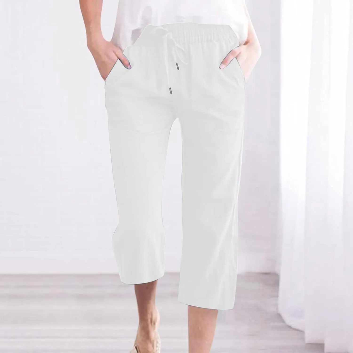 Trendy Capri Pants for Women 2024 Summer Drawstring Elastic High Waist Linen Pant Straight Wide Leg Cropped Trouser