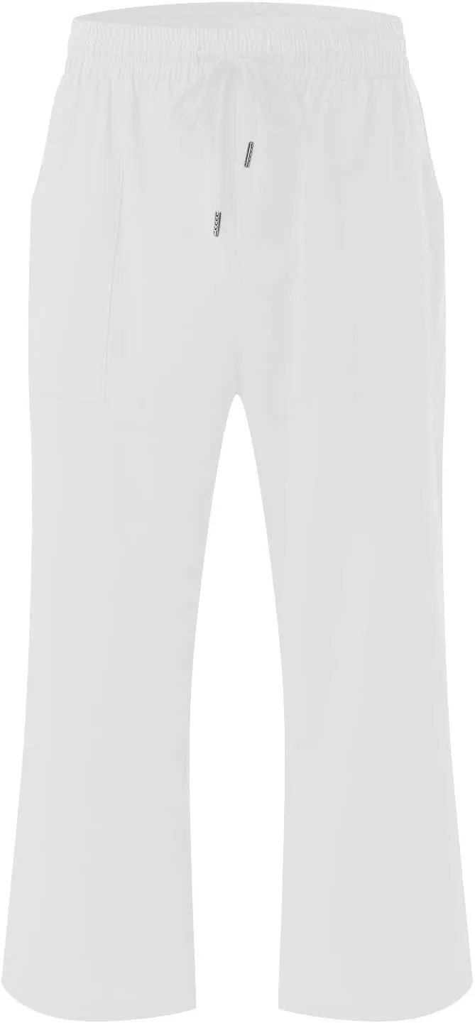Trendy Capri Pants for Women 2024 Summer Drawstring Elastic High Waist Linen Pant Straight Wide Leg Cropped Trouser