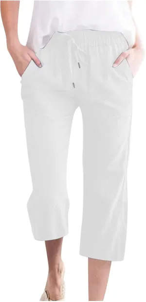 Trendy Capri Pants for Women 2024 Summer Drawstring Elastic High Waist Linen Pant Straight Wide Leg Cropped Trouser