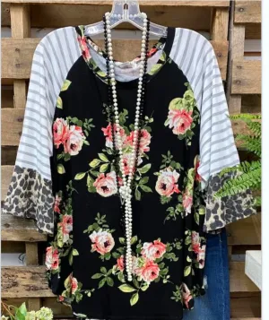 Turtleneck floral print round neck cropped flared sleeve top T-shirt