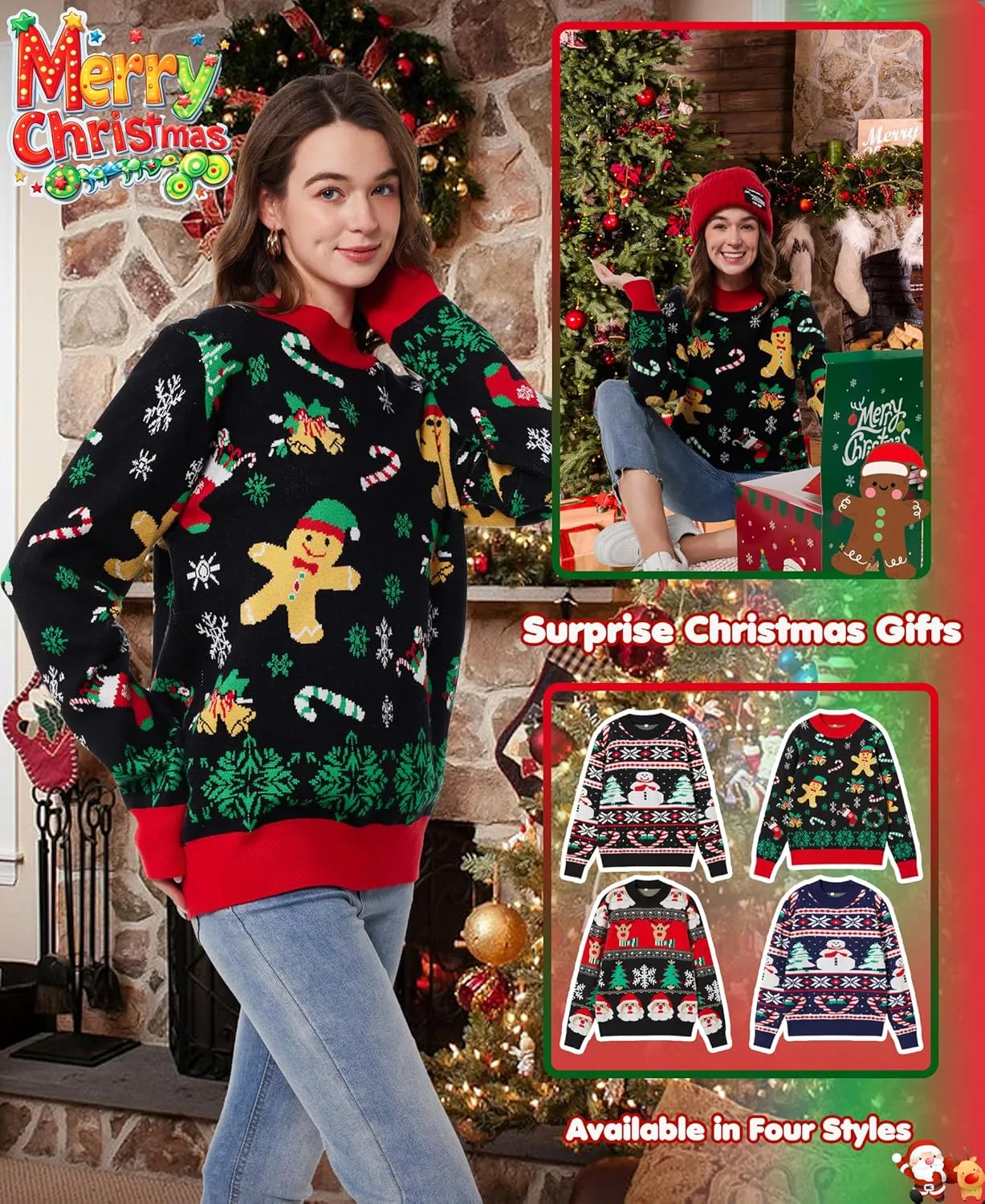 Unisex Ugly Christmas Sweaters Adult Long Sleeve Crewneck Sweaters Funny Top Pullover Xmas Party Family Gatherings