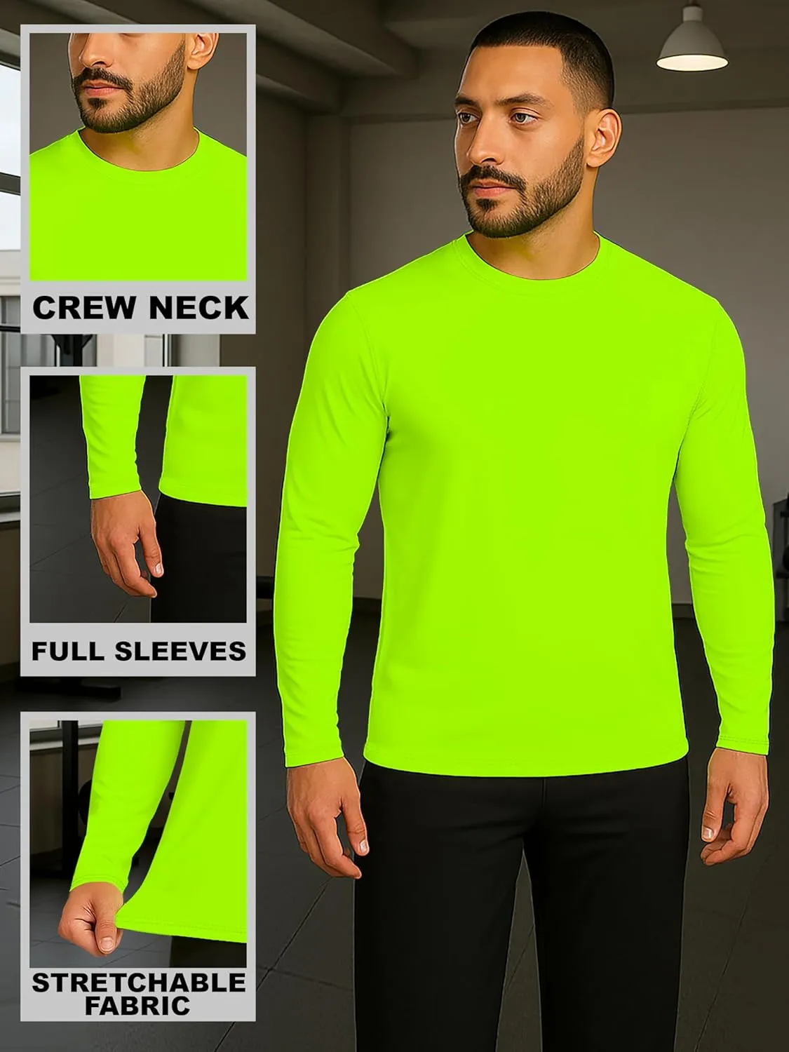 URBAN BUCK Mens Neon High Visibility Running Shirt - Lightweight Long Sleeve Workout Swim UPF50  Basic Sun T-Shirt for Men