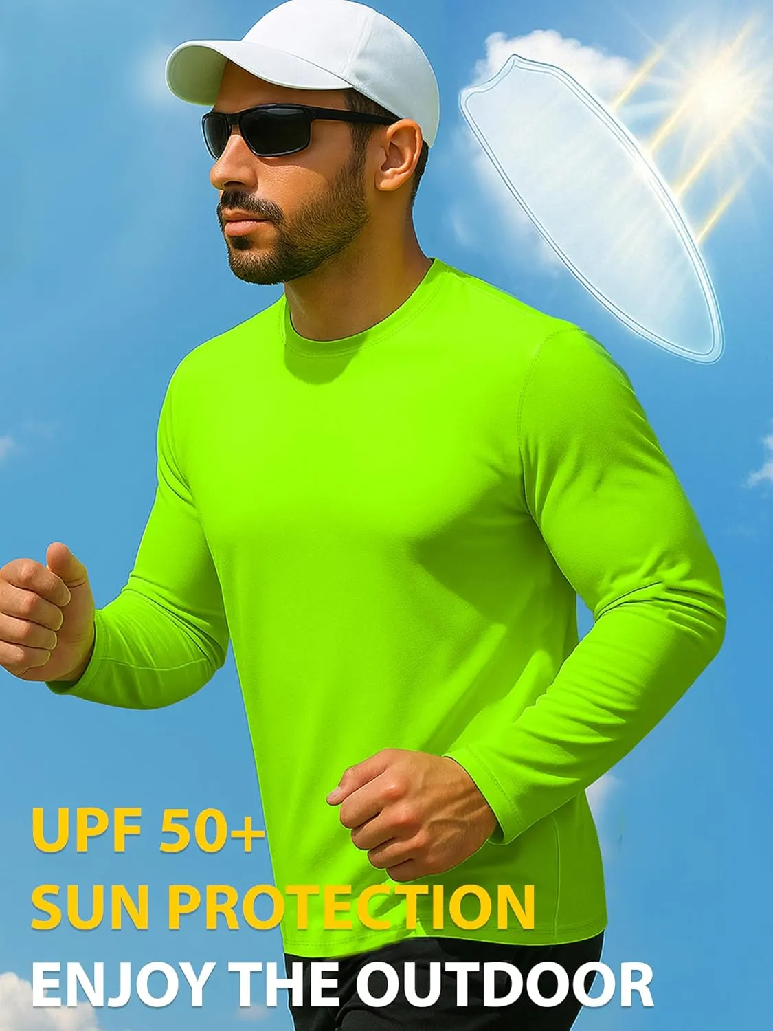 URBAN BUCK Mens Neon High Visibility Running Shirt - Lightweight Long Sleeve Workout Swim UPF50  Basic Sun T-Shirt for Men