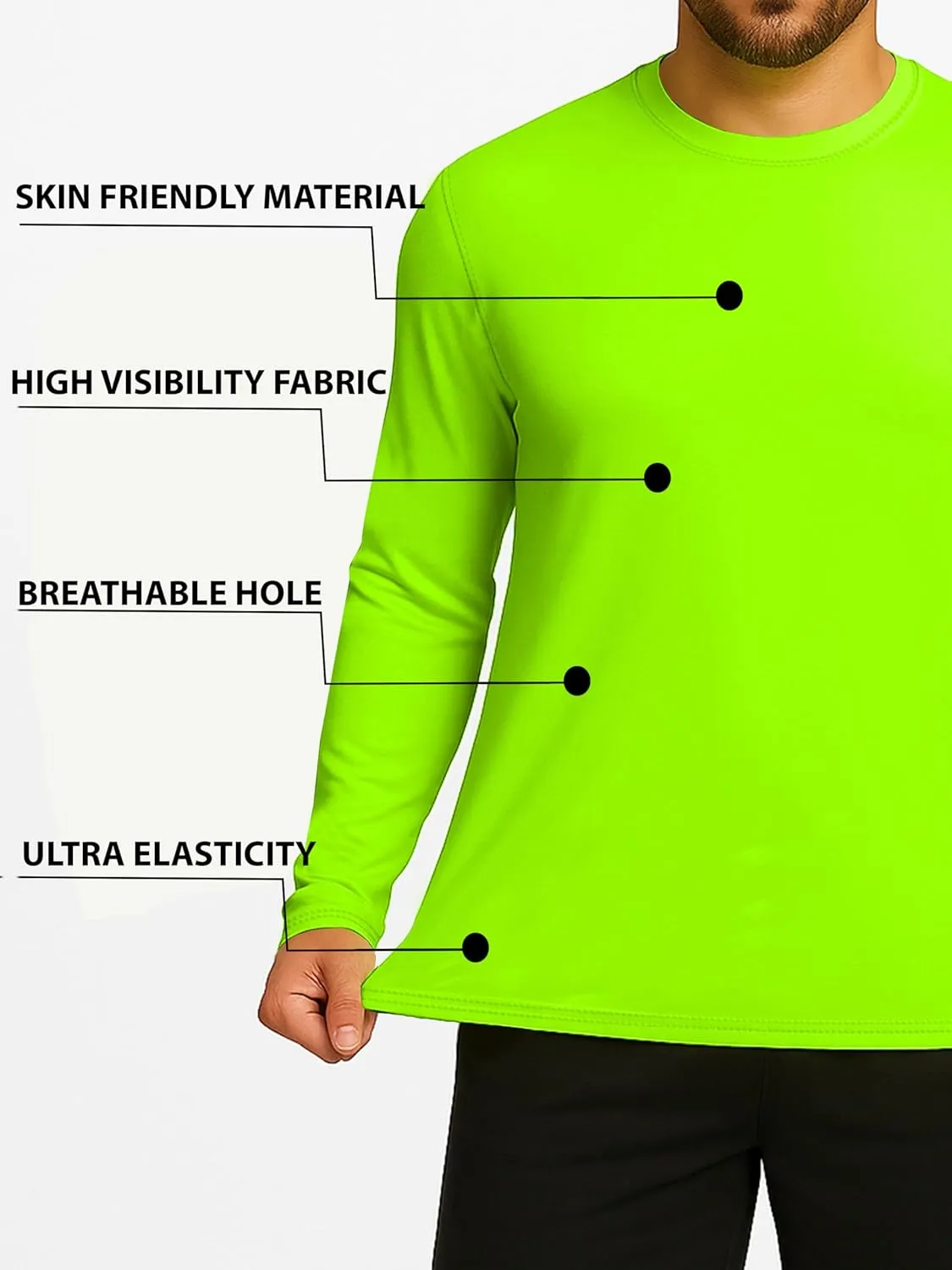 URBAN BUCK Mens Neon High Visibility Running Shirt - Lightweight Long Sleeve Workout Swim UPF50  Basic Sun T-Shirt for Men