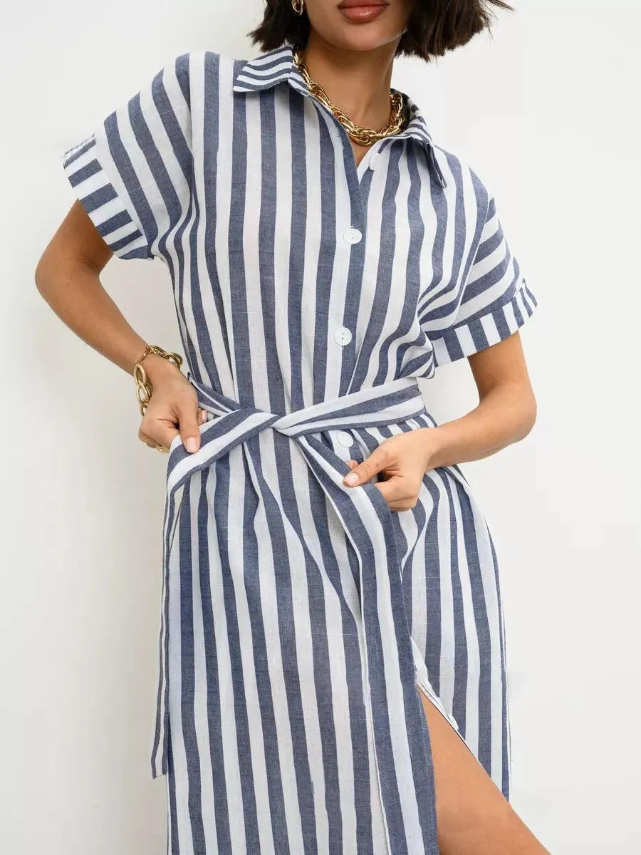utcoco Women's 2025 Striped Short Sleeve Cotton Maxi Shirt Dress Belted Side Slit Button Down Dress with Pockets