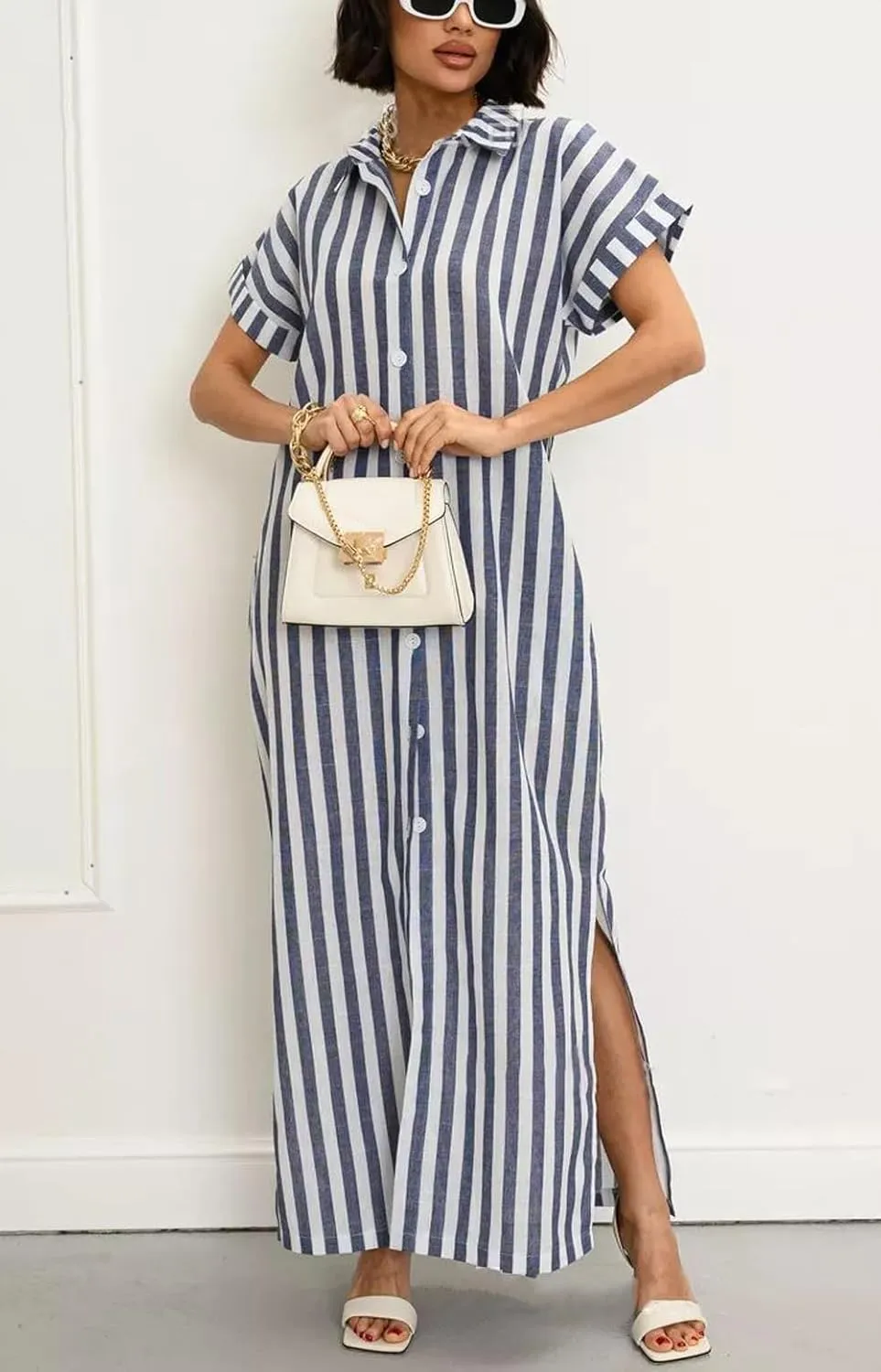 utcoco Women's 2025 Striped Short Sleeve Cotton Maxi Shirt Dress Belted Side Slit Button Down Dress with Pockets