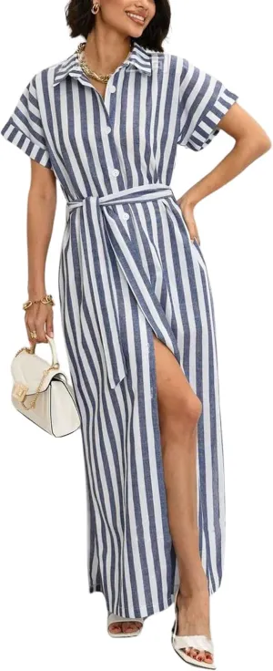 utcoco Women's 2025 Striped Short Sleeve Cotton Maxi Shirt Dress Belted Side Slit Button Down Dress with Pockets