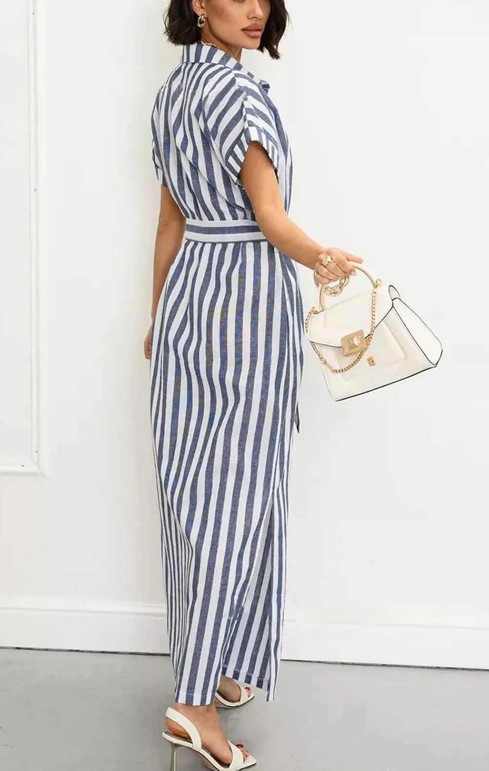 utcoco Women's 2025 Striped Short Sleeve Cotton Maxi Shirt Dress Belted Side Slit Button Down Dress with Pockets