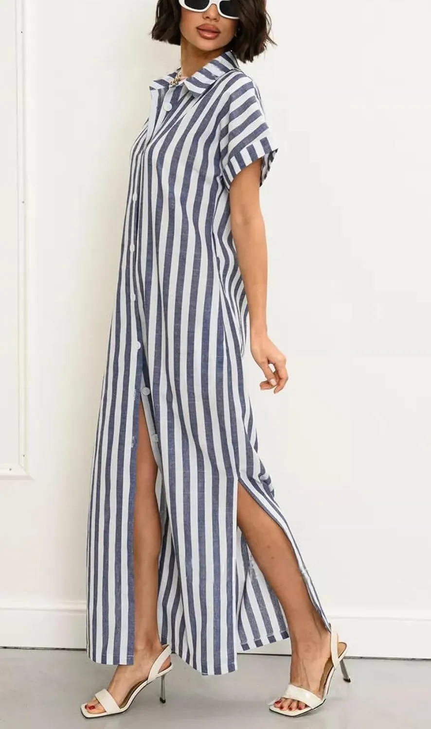 utcoco Women's 2025 Striped Short Sleeve Cotton Maxi Shirt Dress Belted Side Slit Button Down Dress with Pockets