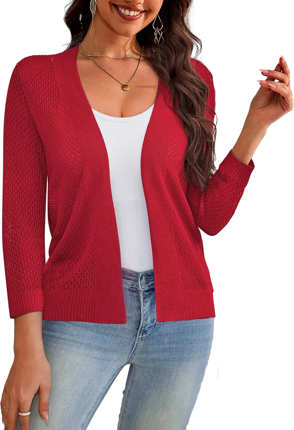 U.Vomade Women's Cardigans 3/4 Sleeve Open Front Cropped Cardigan Hollow Out Bolero Shrug S-XL