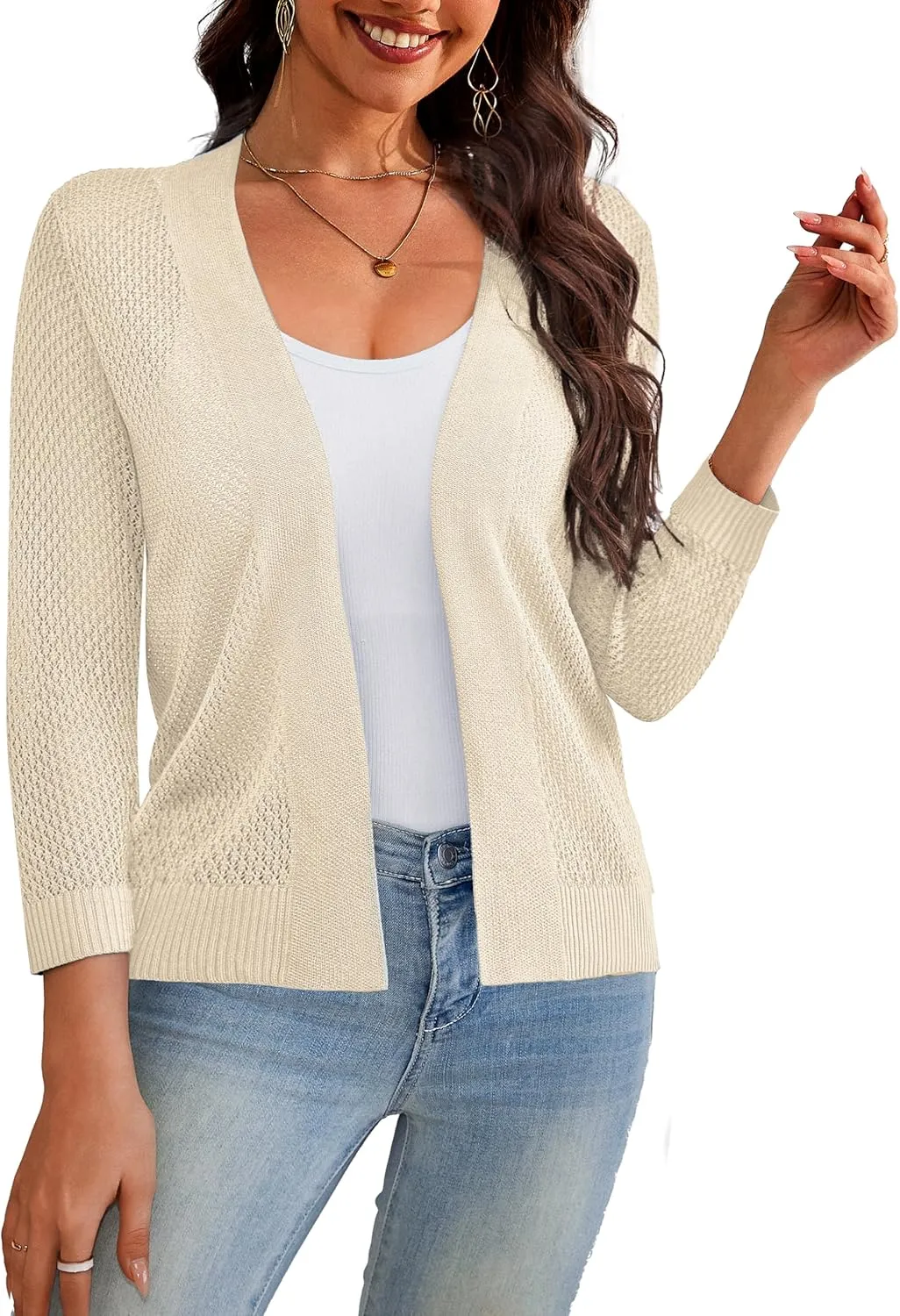 U.Vomade Women's Cardigans 3/4 Sleeve Open Front Cropped Cardigan Hollow Out Bolero Shrug S-XL