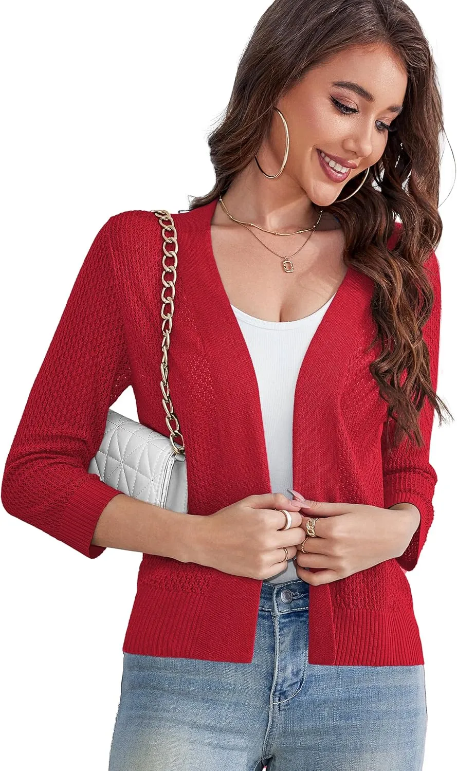 U.Vomade Women's Cardigans 3/4 Sleeve Open Front Cropped Cardigan Hollow Out Bolero Shrug S-XL