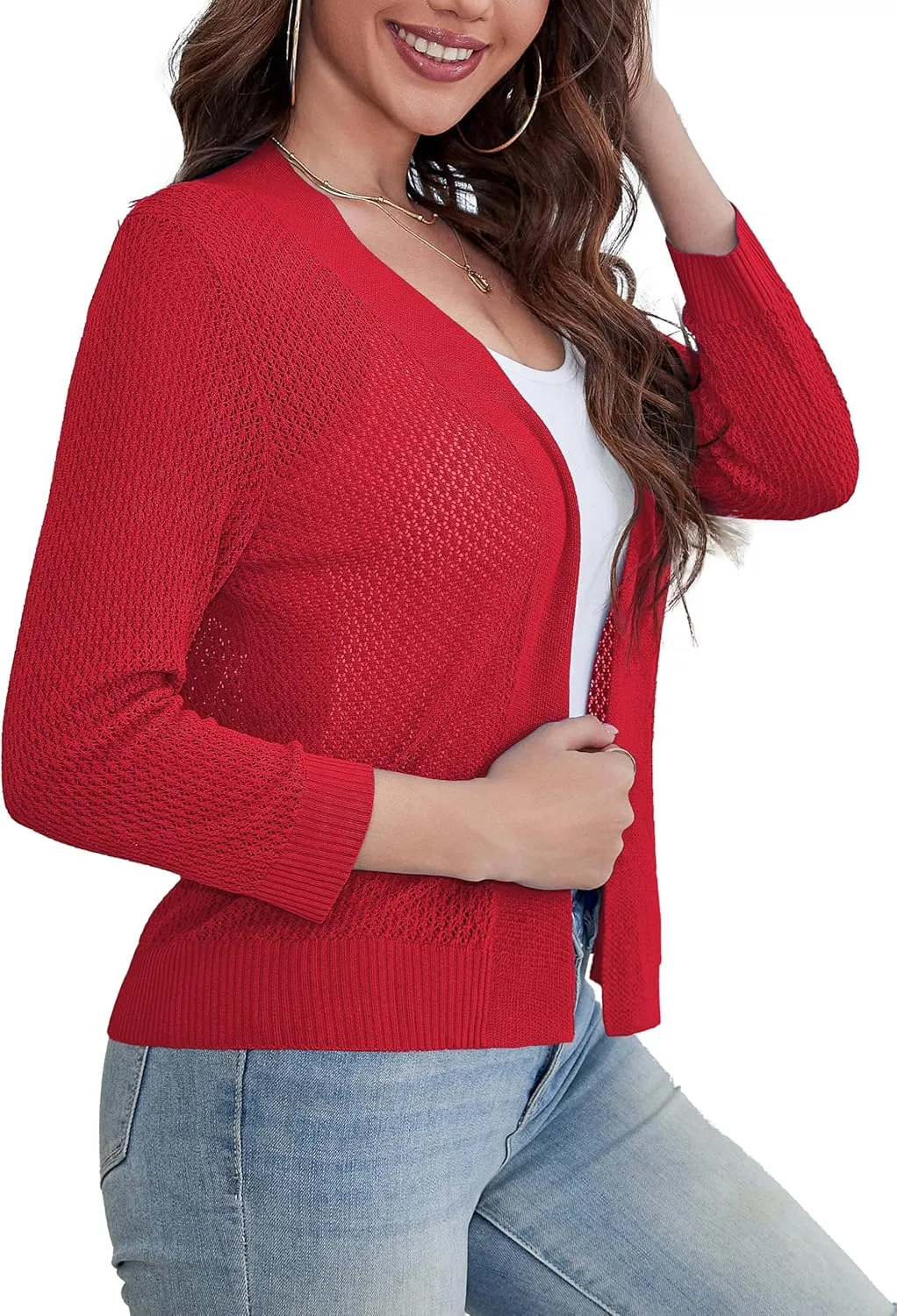 U.Vomade Women's Cardigans 3/4 Sleeve Open Front Cropped Cardigan Hollow Out Bolero Shrug S-XL
