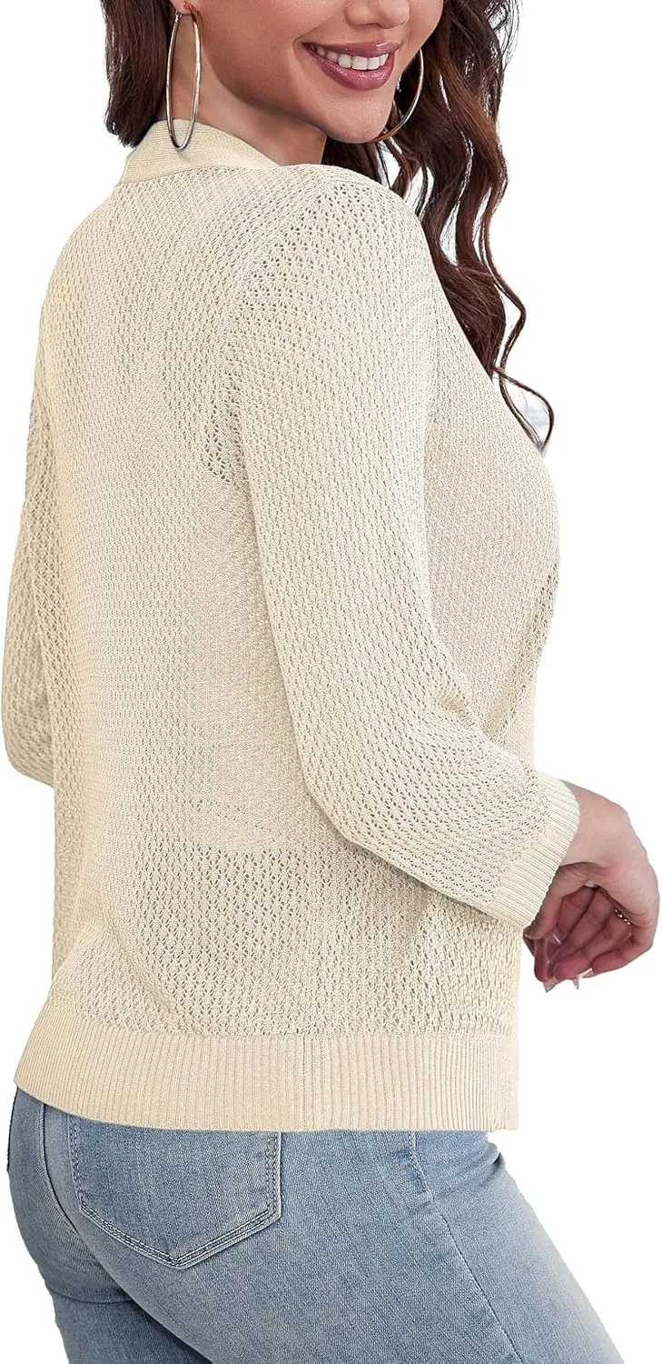 U.Vomade Women's Cardigans 3/4 Sleeve Open Front Cropped Cardigan Hollow Out Bolero Shrug S-XL