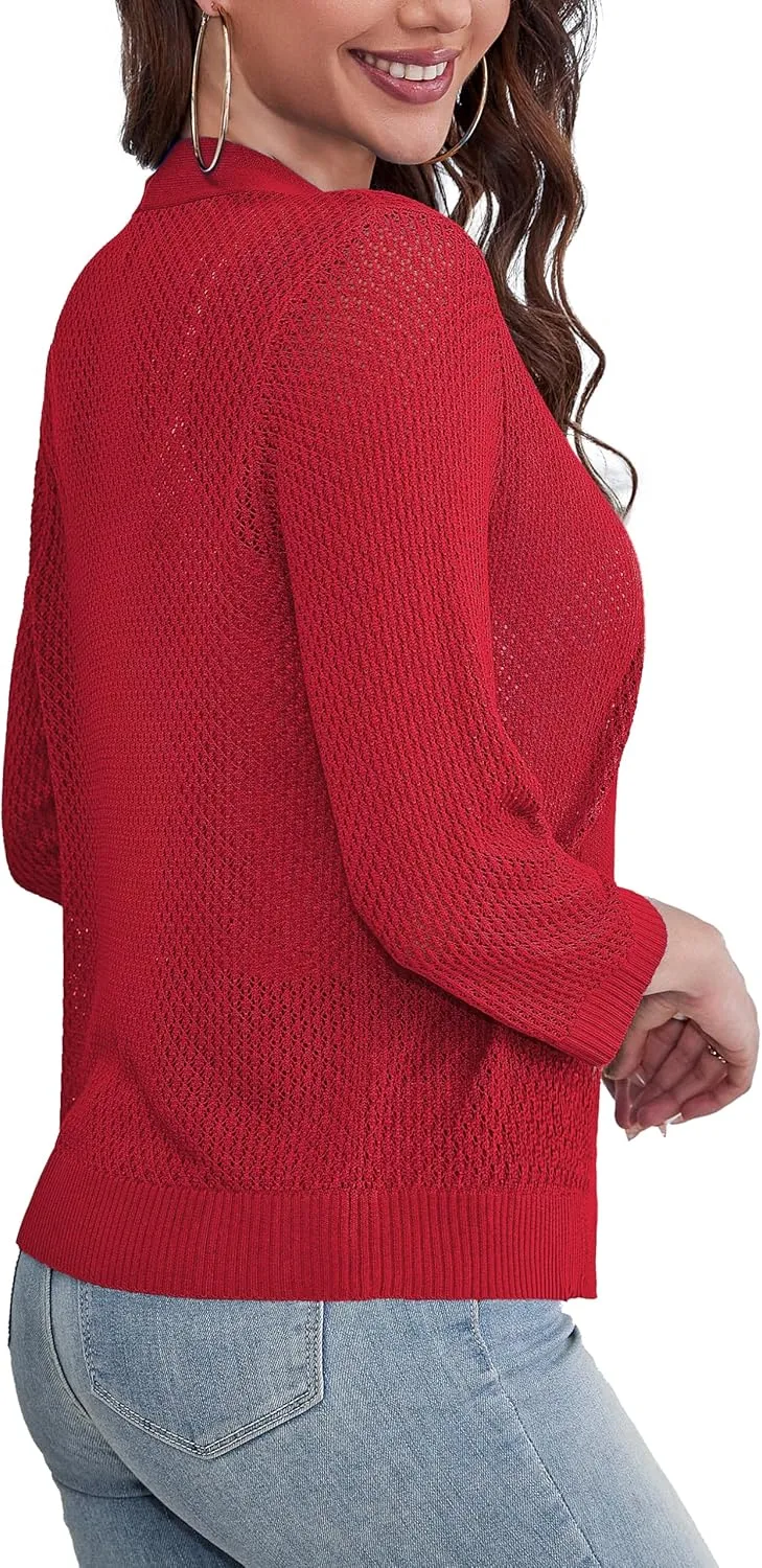 U.Vomade Women's Cardigans 3/4 Sleeve Open Front Cropped Cardigan Hollow Out Bolero Shrug S-XL