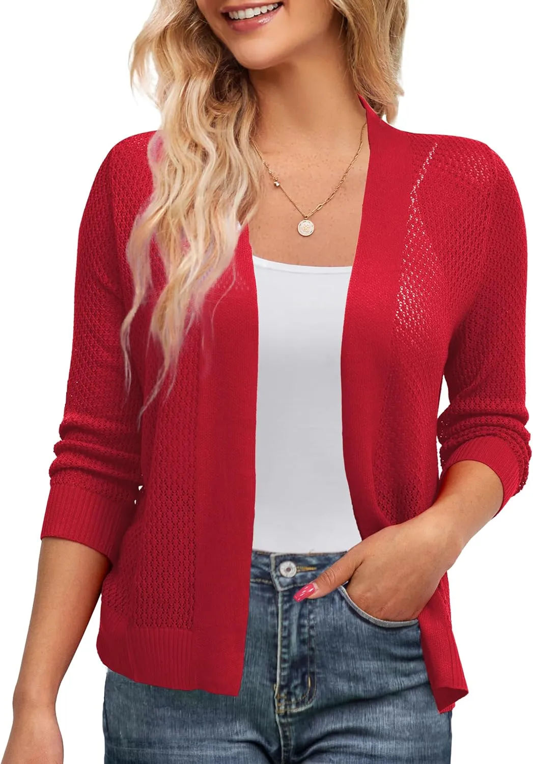 U.Vomade Women's Cardigans 3/4 Sleeve Open Front Cropped Cardigan Hollow Out Bolero Shrug S-XL