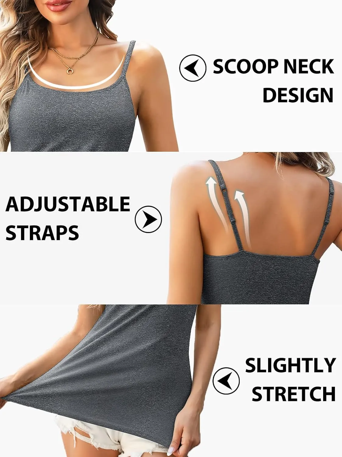 V FOR CITY Cotton Shelf Bra Camisole Tops for Women Adjustable Spaghetti Strap Tank Top Summer Cami Shirt 3 Pack