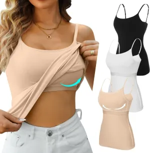 V FOR CITY Cotton Shelf Bra Camisole Tops for Women Adjustable Spaghetti Strap Tank Top Summer Cami Shirt 3 Pack