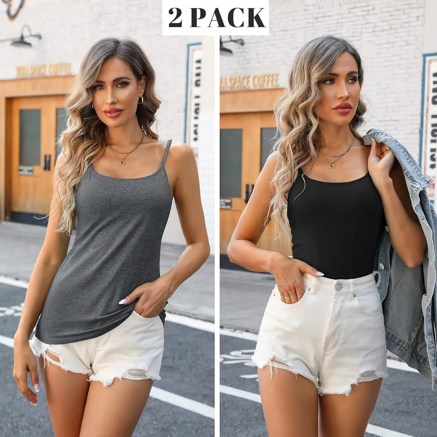 V FOR CITY Women's Shelf Bra Camisole Tops Adjustable Spaghetti Strap Cami Tank Cotton Undershirts 2 Pack